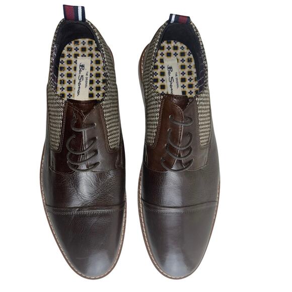 NWOT Ben Sherman Brown Leather Cap Toe Oxford with Houndstooth Detail Size 10 - Picture 1 of 9